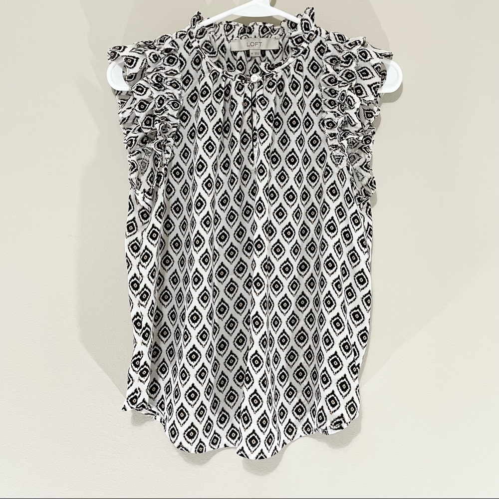 Loft White and Black Animal-Esque Print Semi Sheer Blouse Size XS